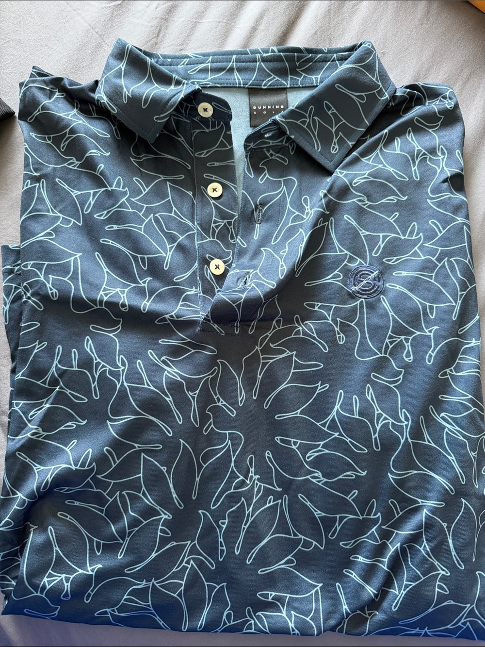 Men's Dark Blue Polo with Light Blue Leaf Outline Print